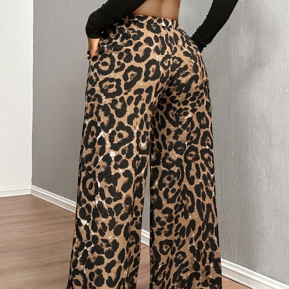 Rust Brown Casual Leopard Print Women's Baggy Pants - Picture 2 of 8